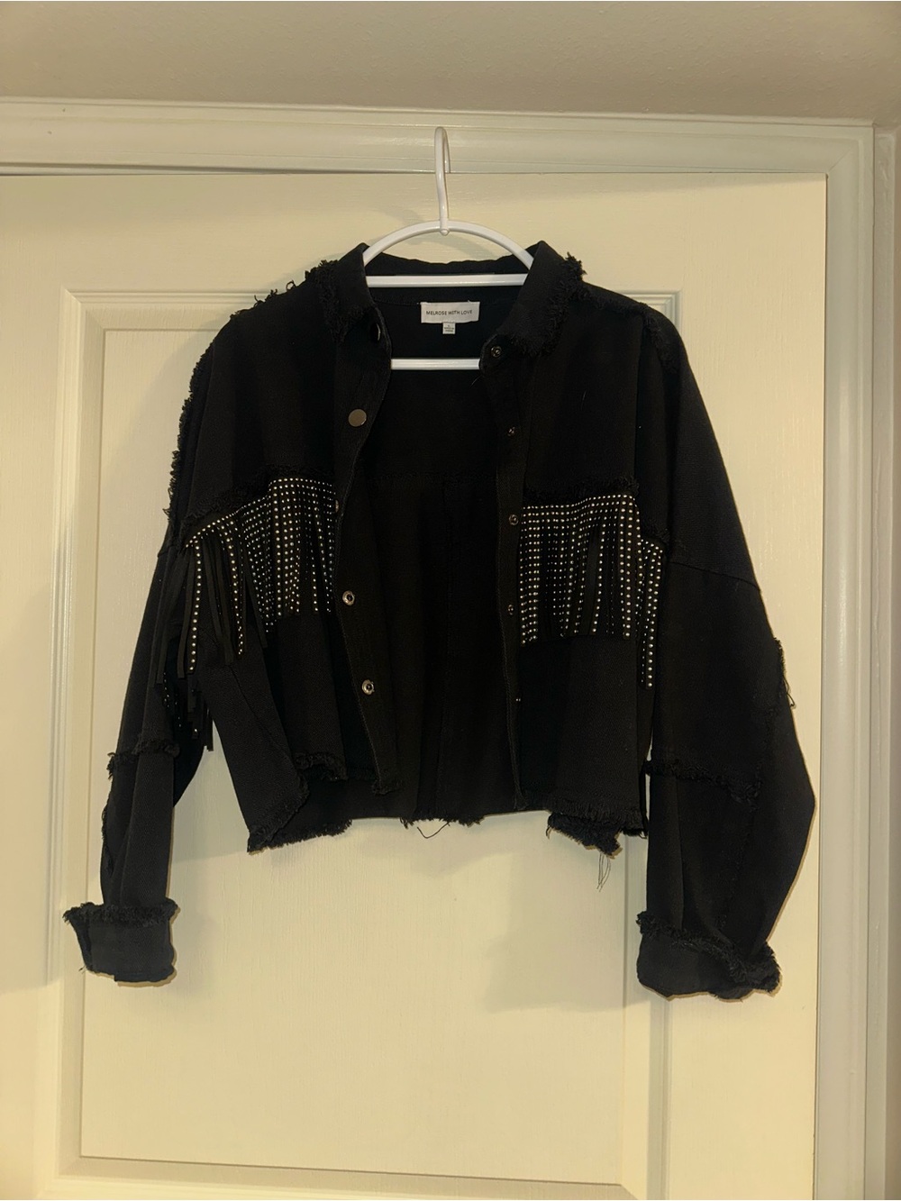 Studded Fringe Black Cropped Jean Jacket - Women